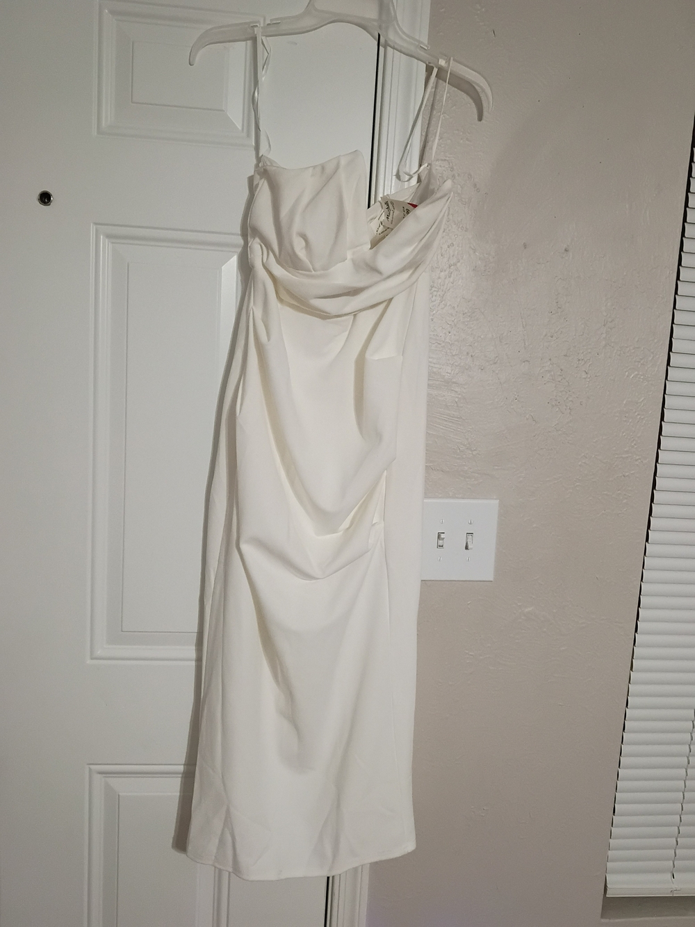 Satin Cowl Neck Long Sleeve-Free Slip Dress in White